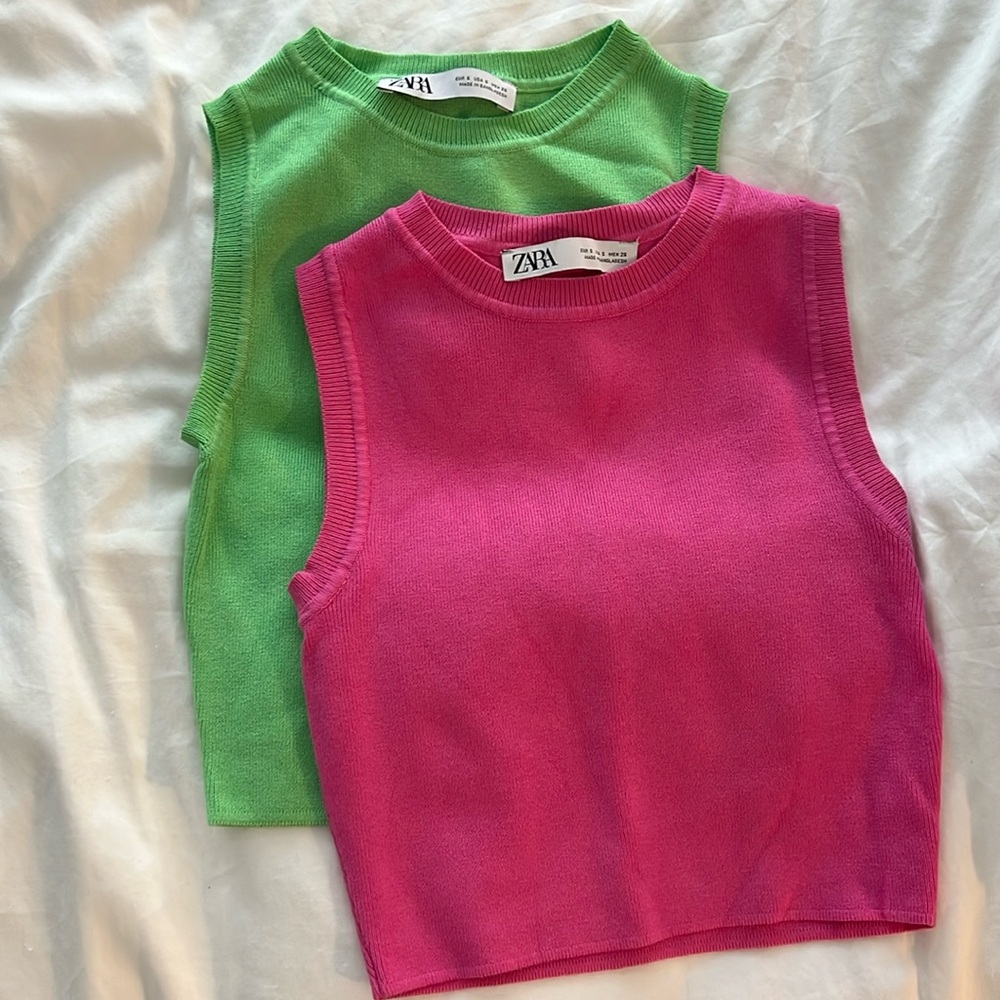 Zara Bright Pink and Lime Green Ribbed Tank Tops